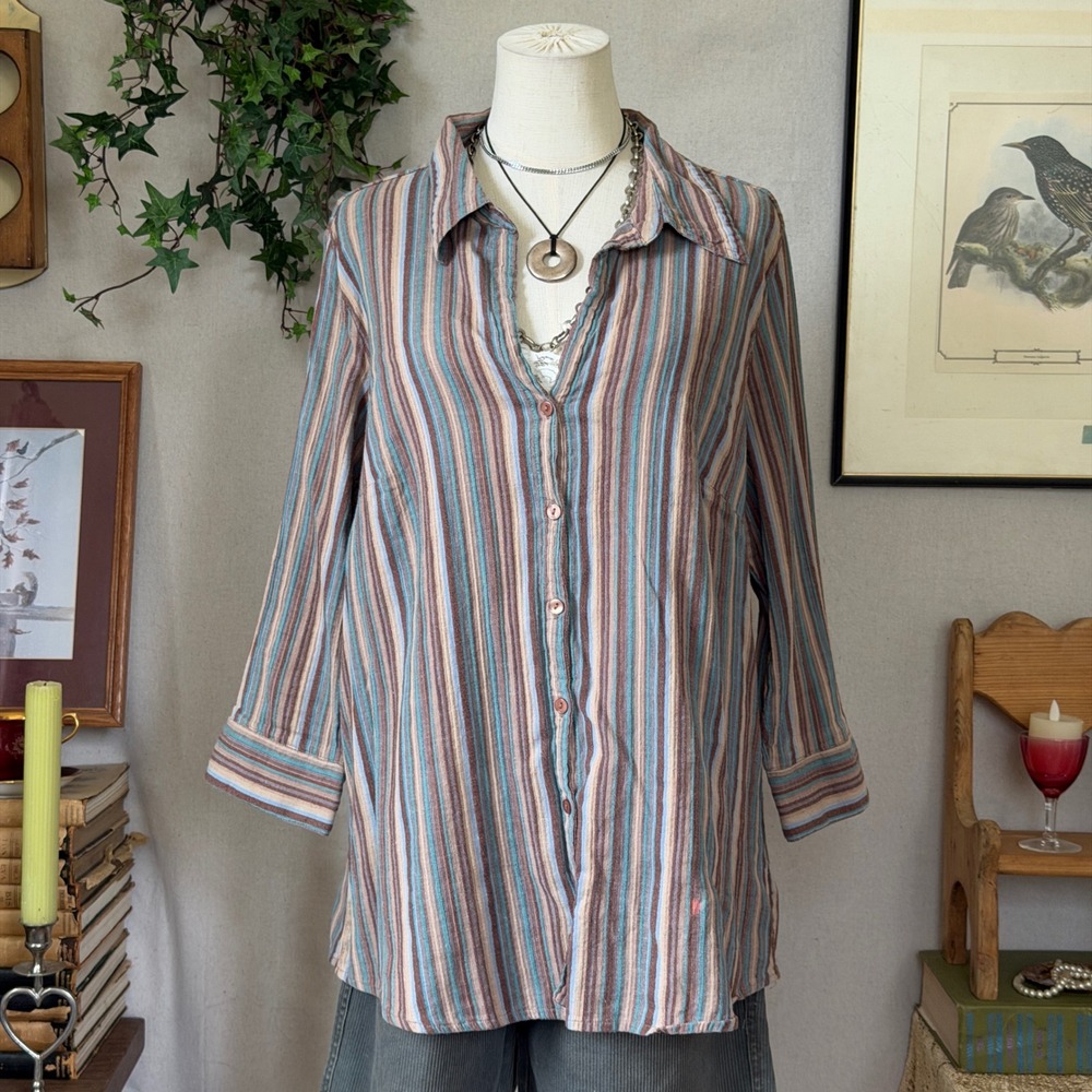 Multicolor Striped Button Down Shirt Coastal Grandma Vintage 1X Indie Grunge